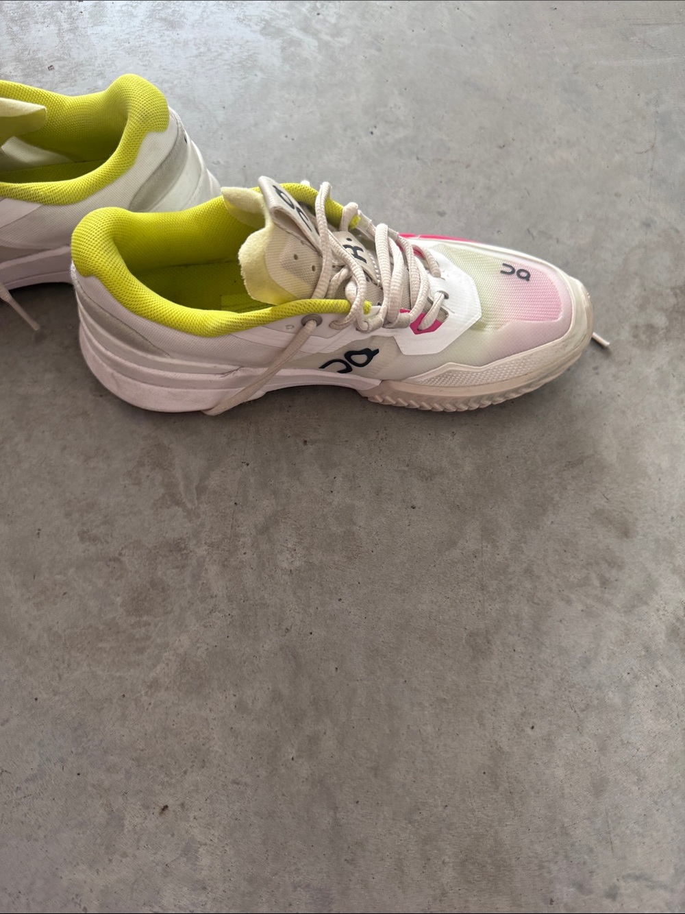 On Running Women's White Athletic Sneakers with Pink and Neon Yellow Accents - Picture 4 of 7